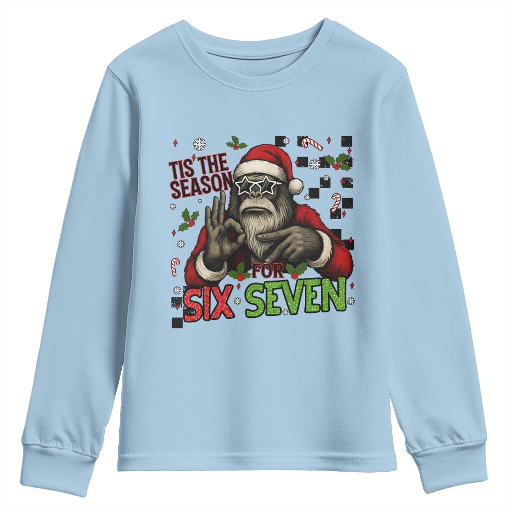 Funny Bigfoot Santa Tis The Season For Six Seven Meme Youth Sweatshirt Christmas Gift TS12 Light Blue Print Your Wear