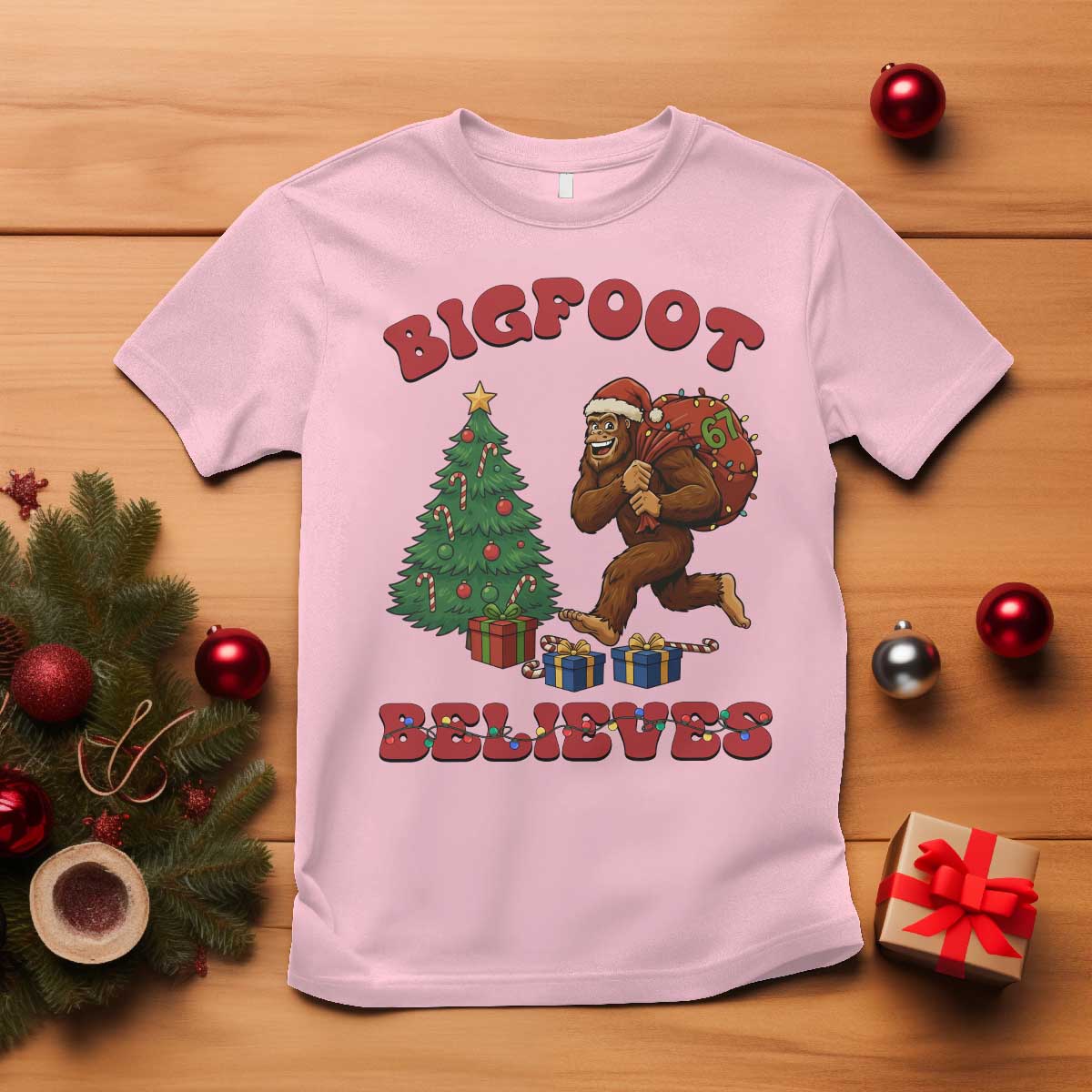 Funny Bigfoot Santa Believes Six Seven Meme T Shirt Trendy Gen Z Xmas Gift TS12 Light Pink Print Your Wear