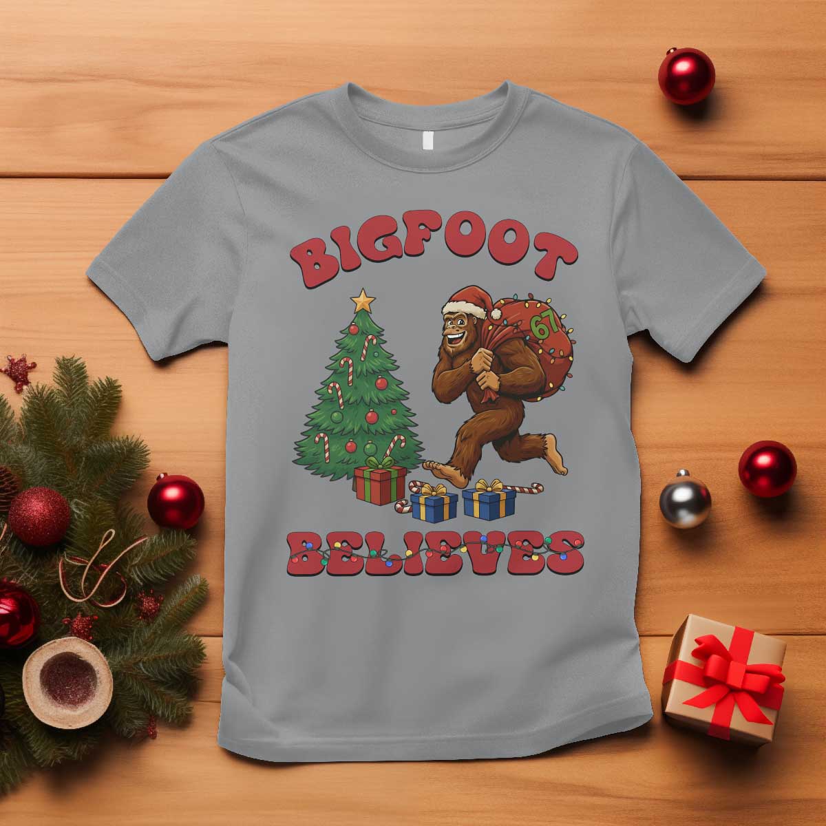 Funny Bigfoot Santa Believes Six Seven Meme T Shirt Trendy Gen Z Xmas Gift TS12 Sport Gray Print Your Wear