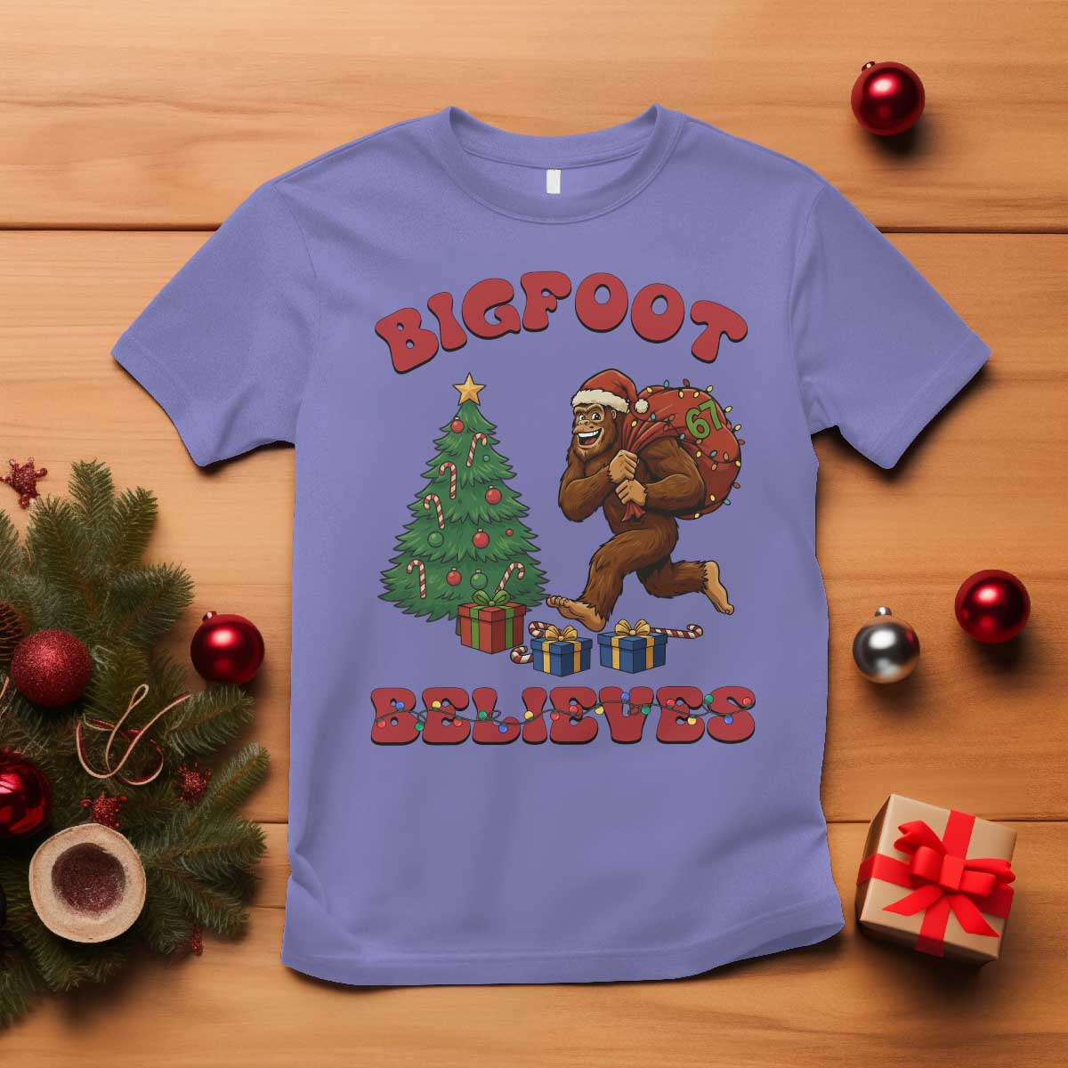 Funny Bigfoot Santa Believes Six Seven Meme T Shirt Trendy Gen Z Xmas Gift TS12 Violet Print Your Wear