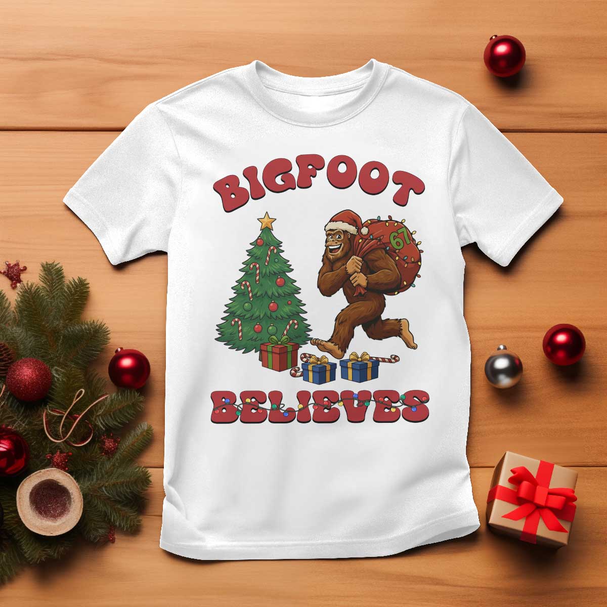 Funny Bigfoot Santa Believes Six Seven Meme T Shirt Trendy Gen Z Xmas Gift TS12 White Print Your Wear