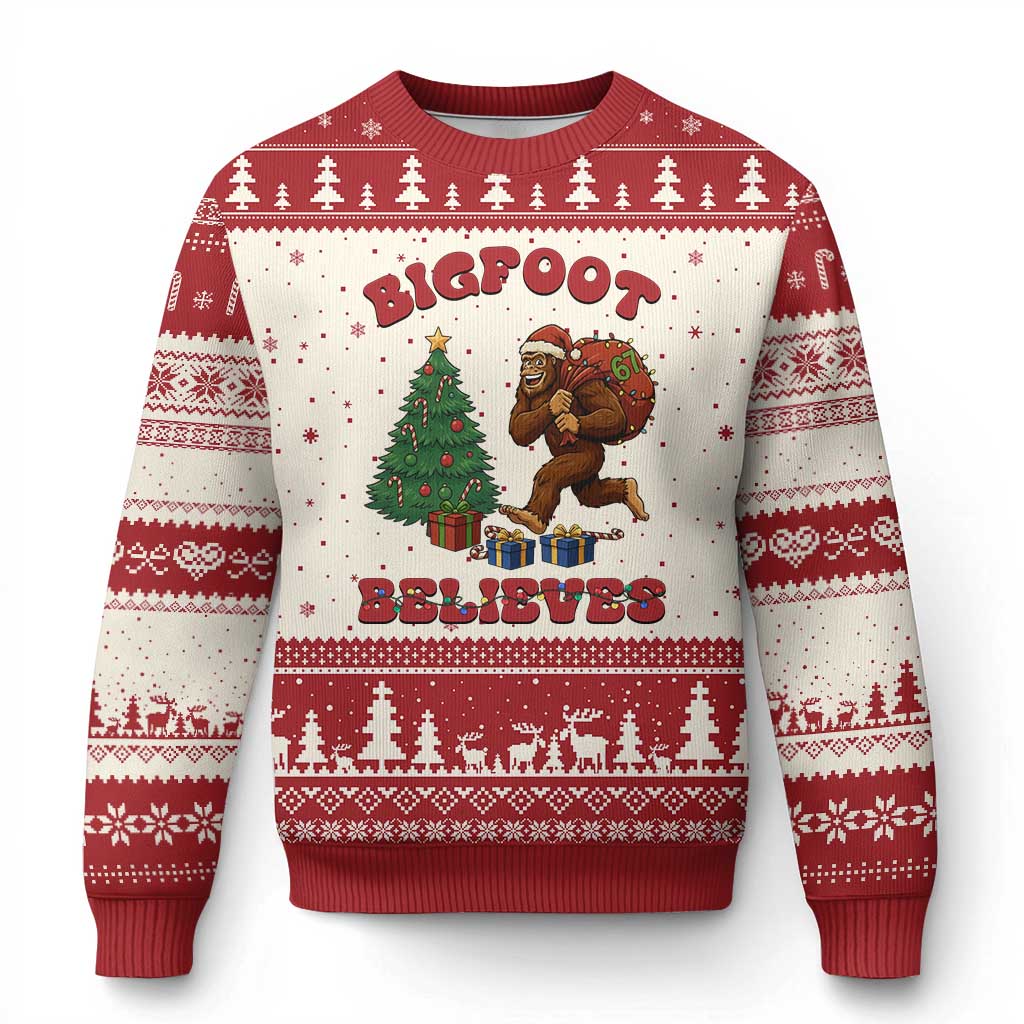 Funny Bigfoot Santa Believes Six Seven Meme Ugly Christmas Sweater Trendy Gen Z Xmas Gift TS12 Beige Red Print Your Wear