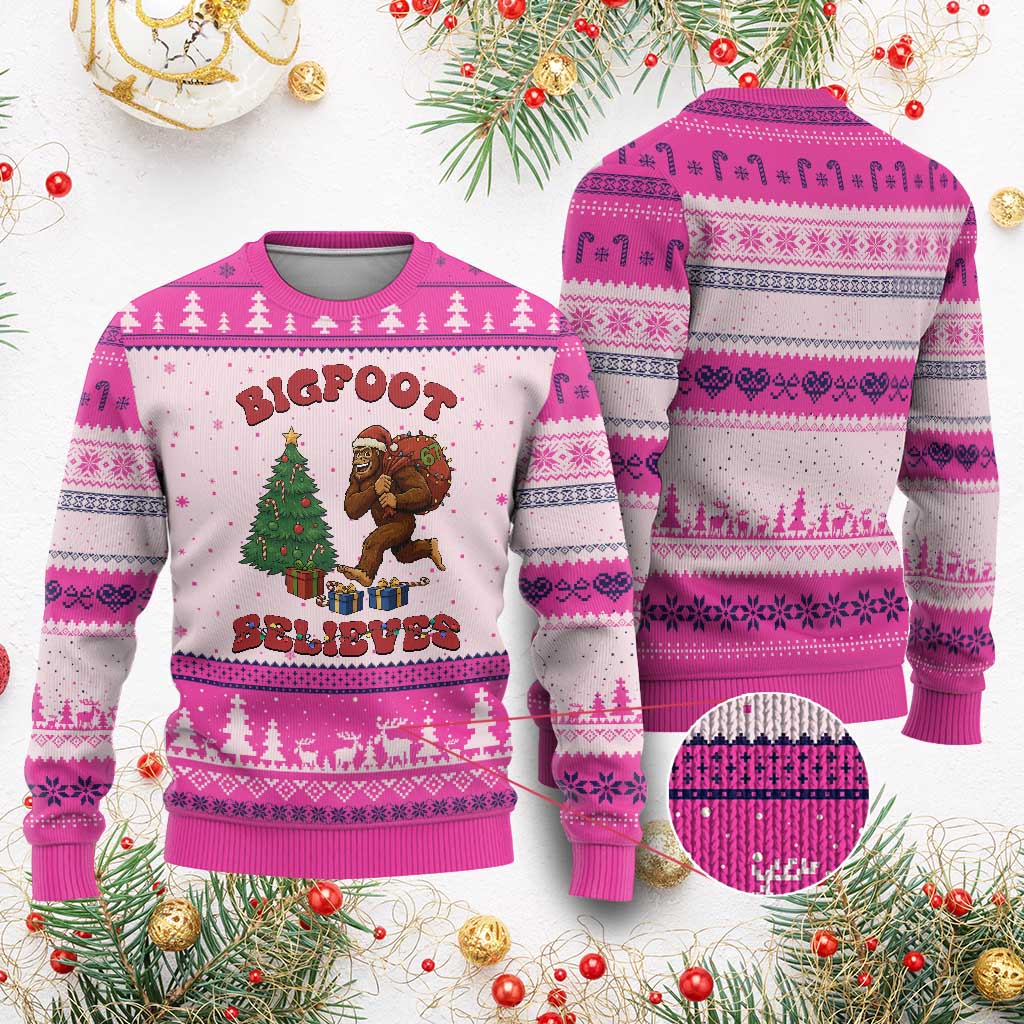 Funny Bigfoot Santa Believes Six Seven Meme Ugly Christmas Sweater Trendy Gen Z Xmas Gift TS12 Hot Pink Print Your Wear
