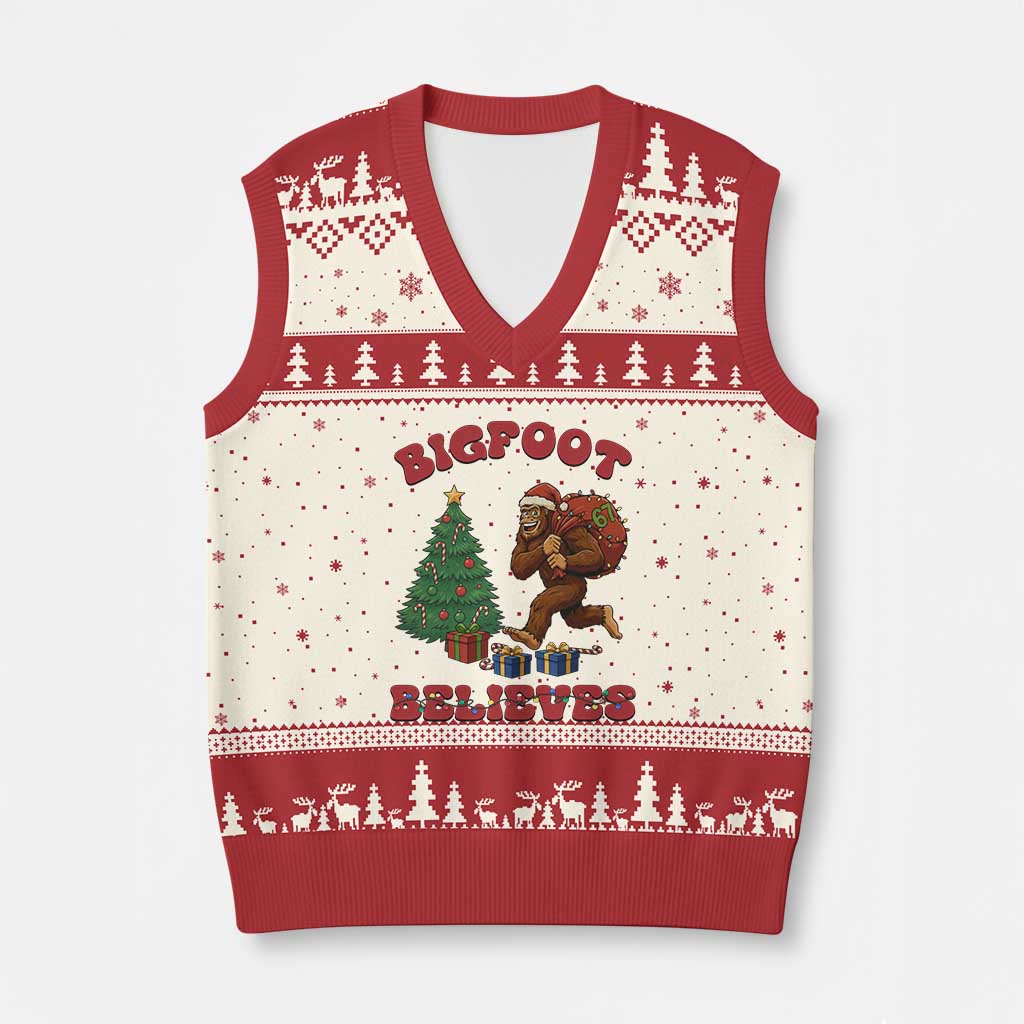 Funny Bigfoot Santa Believes Six Seven Meme V-Neck Knit Sweater Vest Trendy Gen Z Xmas Gift TS12 Beige Red Print Your Wear