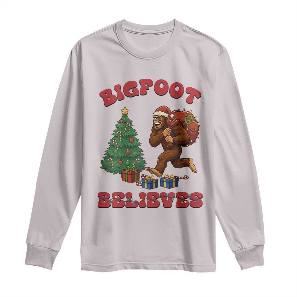 Funny Bigfoot Santa Believes Six Seven Meme Long Sleeve Shirt Trendy Gen Z Xmas Gift TS12 Ice Gray Print Your Wear