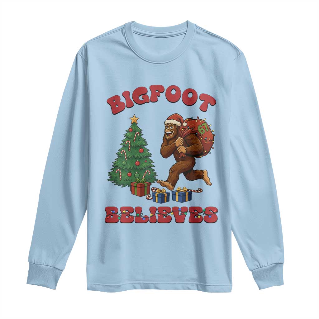 Funny Bigfoot Santa Believes Six Seven Meme Long Sleeve Shirt Trendy Gen Z Xmas Gift TS12 Light Blue Print Your Wear