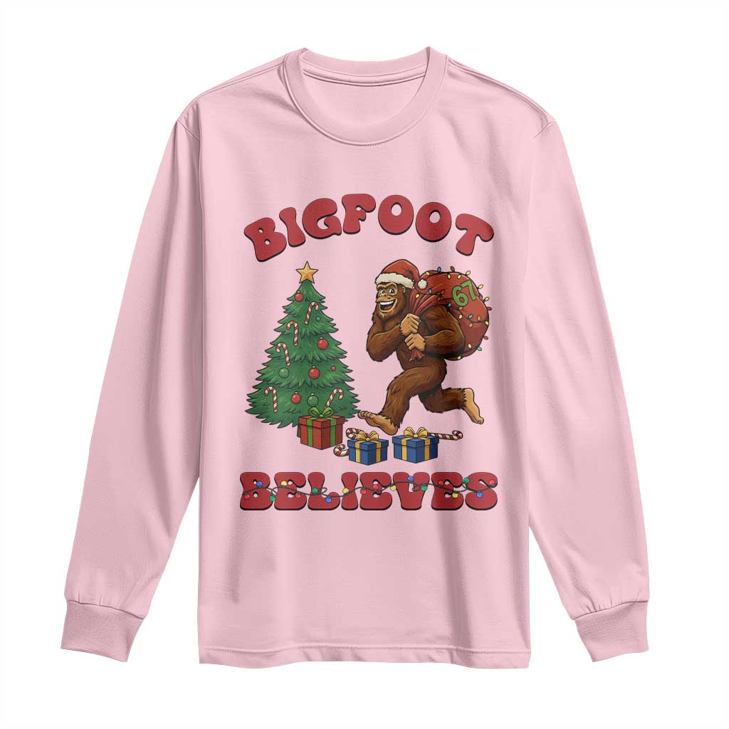 Funny Bigfoot Santa Believes Six Seven Meme Long Sleeve Shirt Trendy Gen Z Xmas Gift TS12 Light Pink Print Your Wear