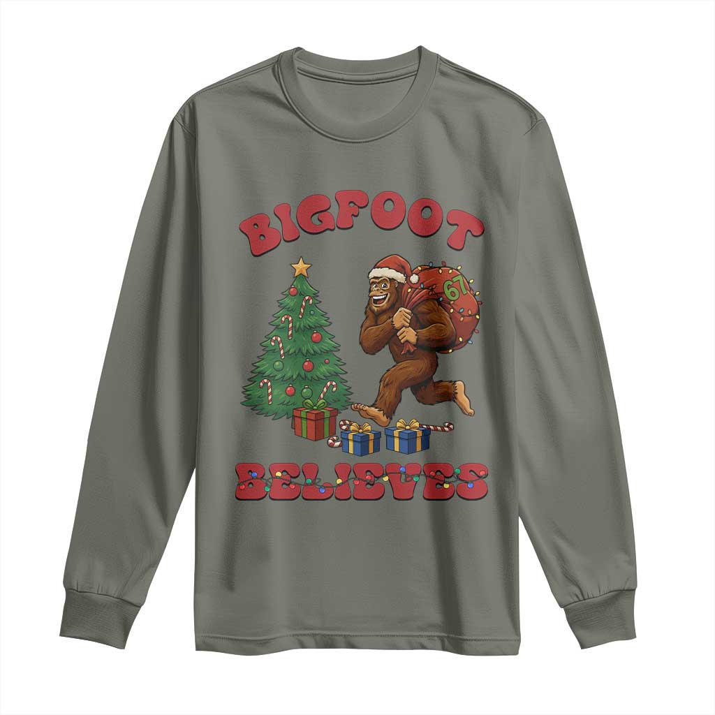 Funny Bigfoot Santa Believes Six Seven Meme Long Sleeve Shirt Trendy Gen Z Xmas Gift TS12 Military Green Print Your Wear