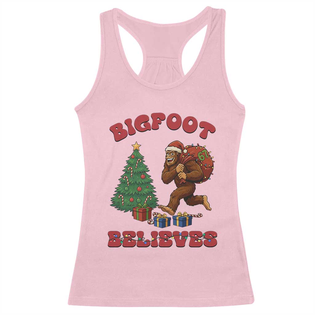 Funny Bigfoot Santa Believes Six Seven Meme Racerback Tank Top Trendy Gen Z Xmas Gift TS12 Light Pink Print Your Wear