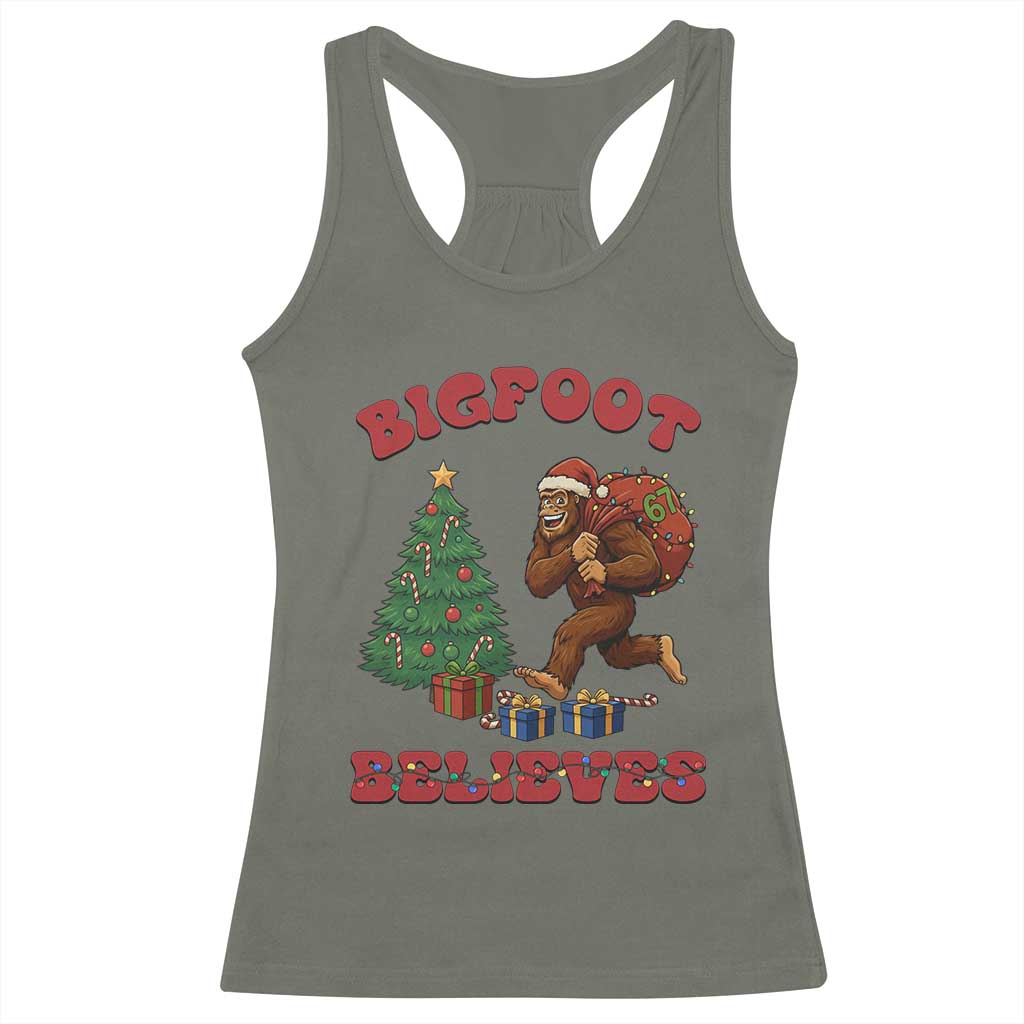 Funny Bigfoot Santa Believes Six Seven Meme Racerback Tank Top Trendy Gen Z Xmas Gift TS12 Military Green Print Your Wear