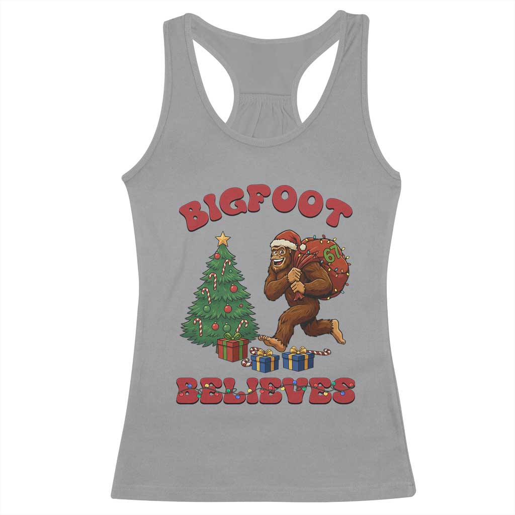 Funny Bigfoot Santa Believes Six Seven Meme Racerback Tank Top Trendy Gen Z Xmas Gift TS12 Sport Gray Print Your Wear