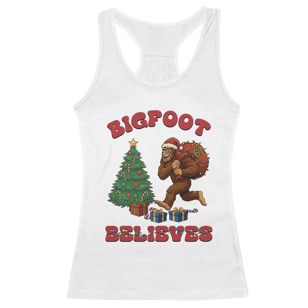 Funny Bigfoot Santa Believes Six Seven Meme Racerback Tank Top Trendy Gen Z Xmas Gift TS12 White Print Your Wear