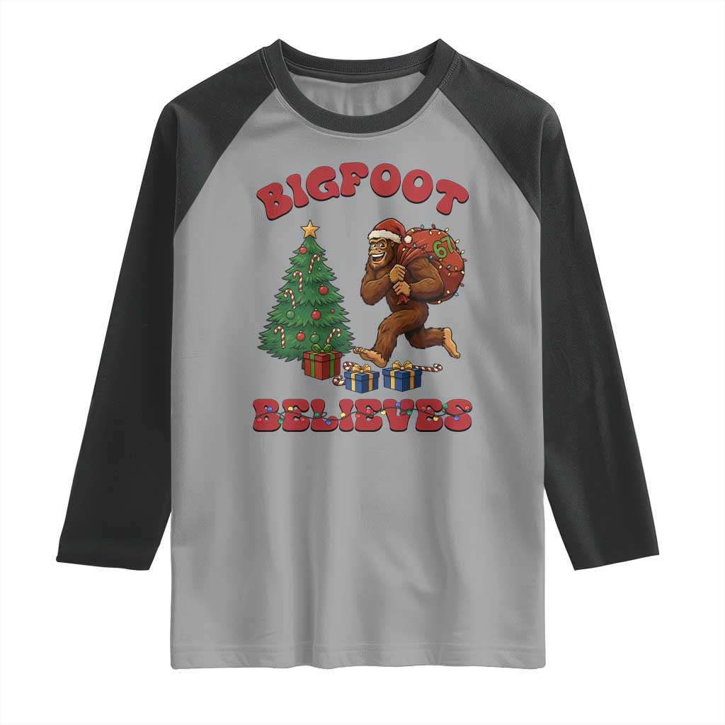 Funny Bigfoot Santa Believes Six Seven Meme Raglan Shirt Trendy Gen Z Xmas Gift TS12 Sport Gray Black Print Your Wear