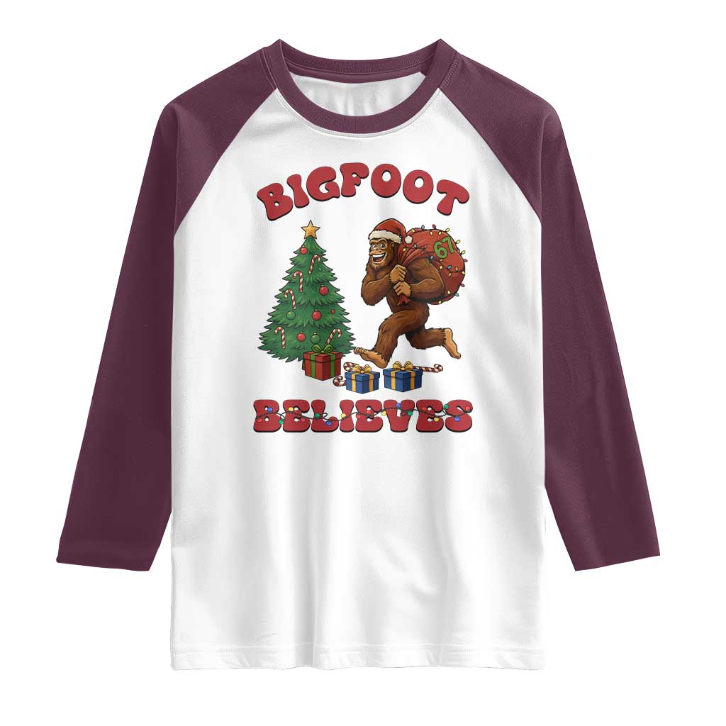 Funny Bigfoot Santa Believes Six Seven Meme Raglan Shirt Trendy Gen Z Xmas Gift TS12 White Maroon Print Your Wear