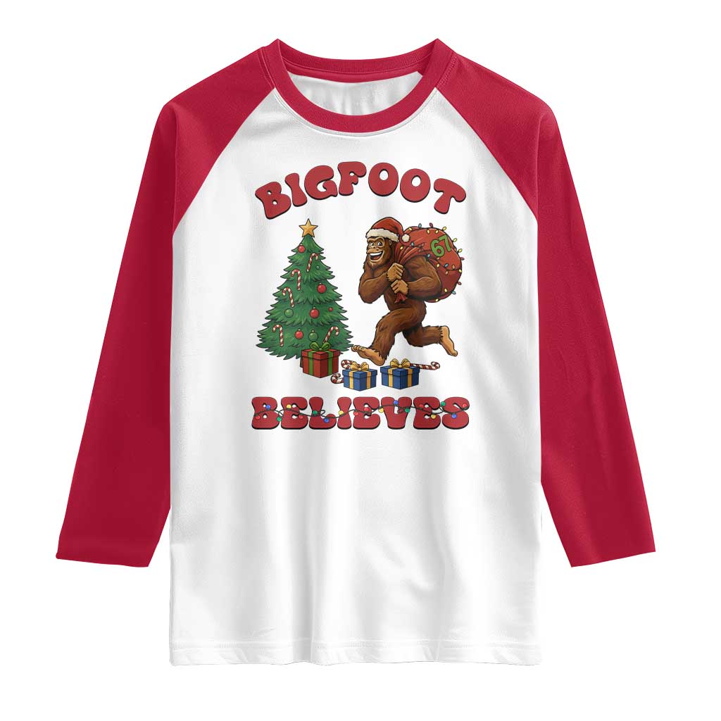 Funny Bigfoot Santa Believes Six Seven Meme Raglan Shirt Trendy Gen Z Xmas Gift TS12 White Red Print Your Wear