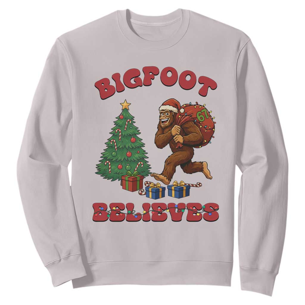 Funny Bigfoot Santa Believes Six Seven Meme Sweatshirt Trendy Gen Z Xmas Gift TS12 Ice Gray Print Your Wear