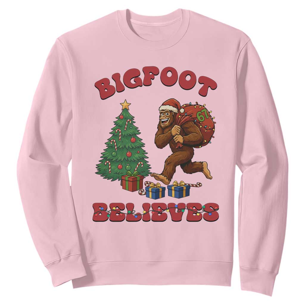 Funny Bigfoot Santa Believes Six Seven Meme Sweatshirt Trendy Gen Z Xmas Gift TS12 Light Pink Print Your Wear