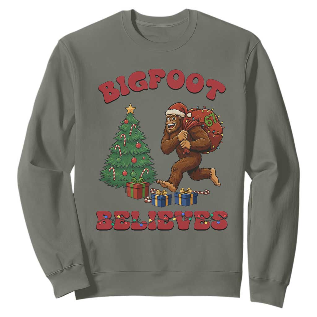 Funny Bigfoot Santa Believes Six Seven Meme Sweatshirt Trendy Gen Z Xmas Gift TS12 Military Green Print Your Wear