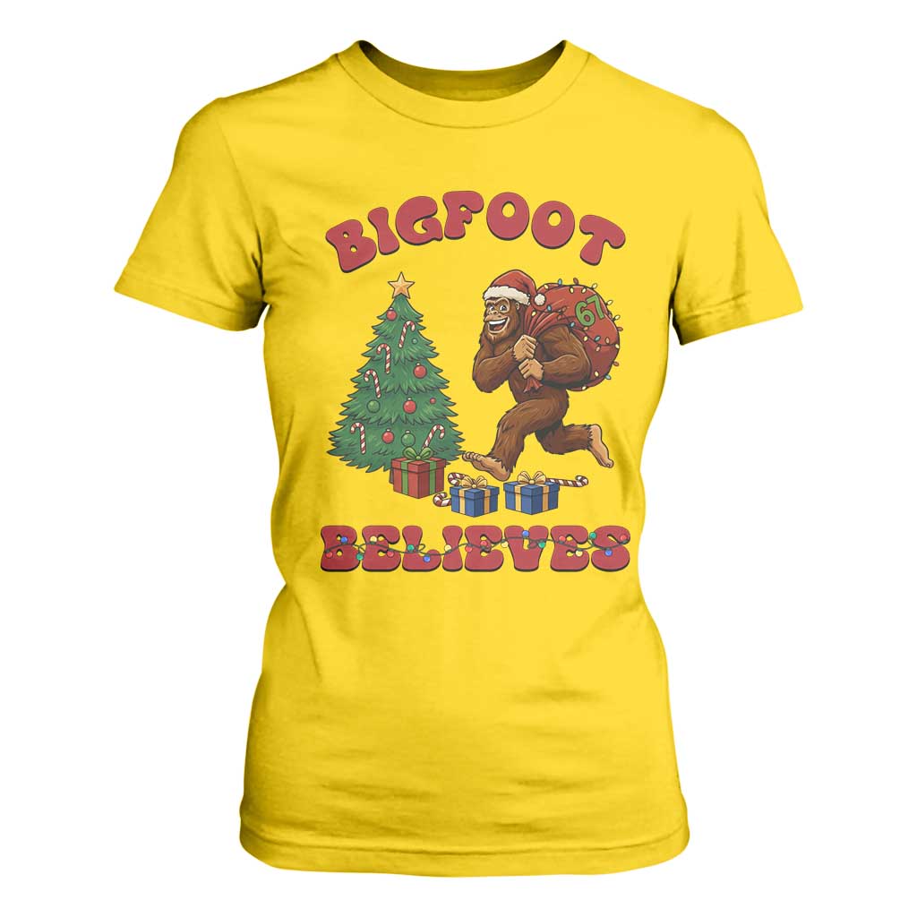 Funny Bigfoot Santa Believes Six Seven Meme T Shirt For Women Trendy Gen Z Xmas Gift TS12 Daisy Print Your Wear