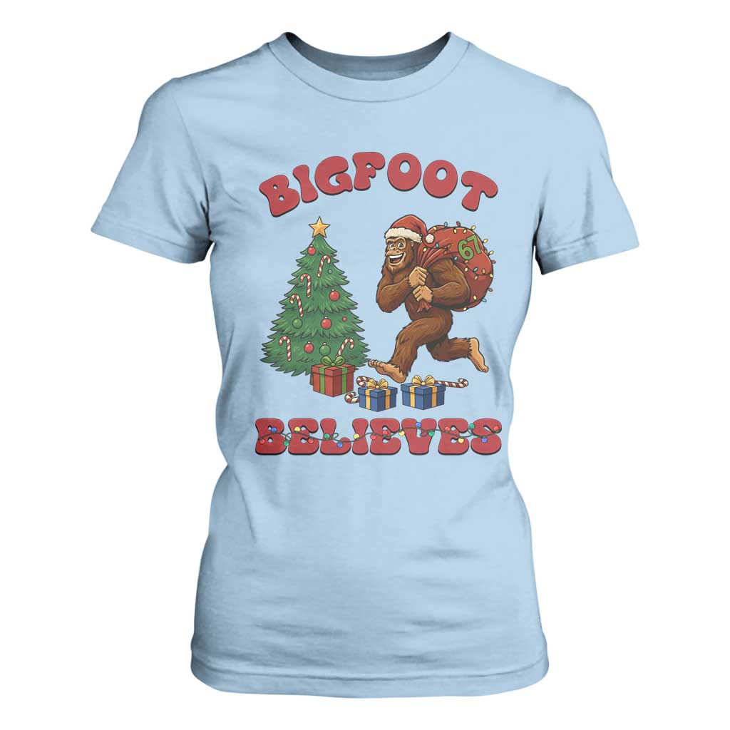 Funny Bigfoot Santa Believes Six Seven Meme T Shirt For Women Trendy Gen Z Xmas Gift TS12 Light Blue Print Your Wear