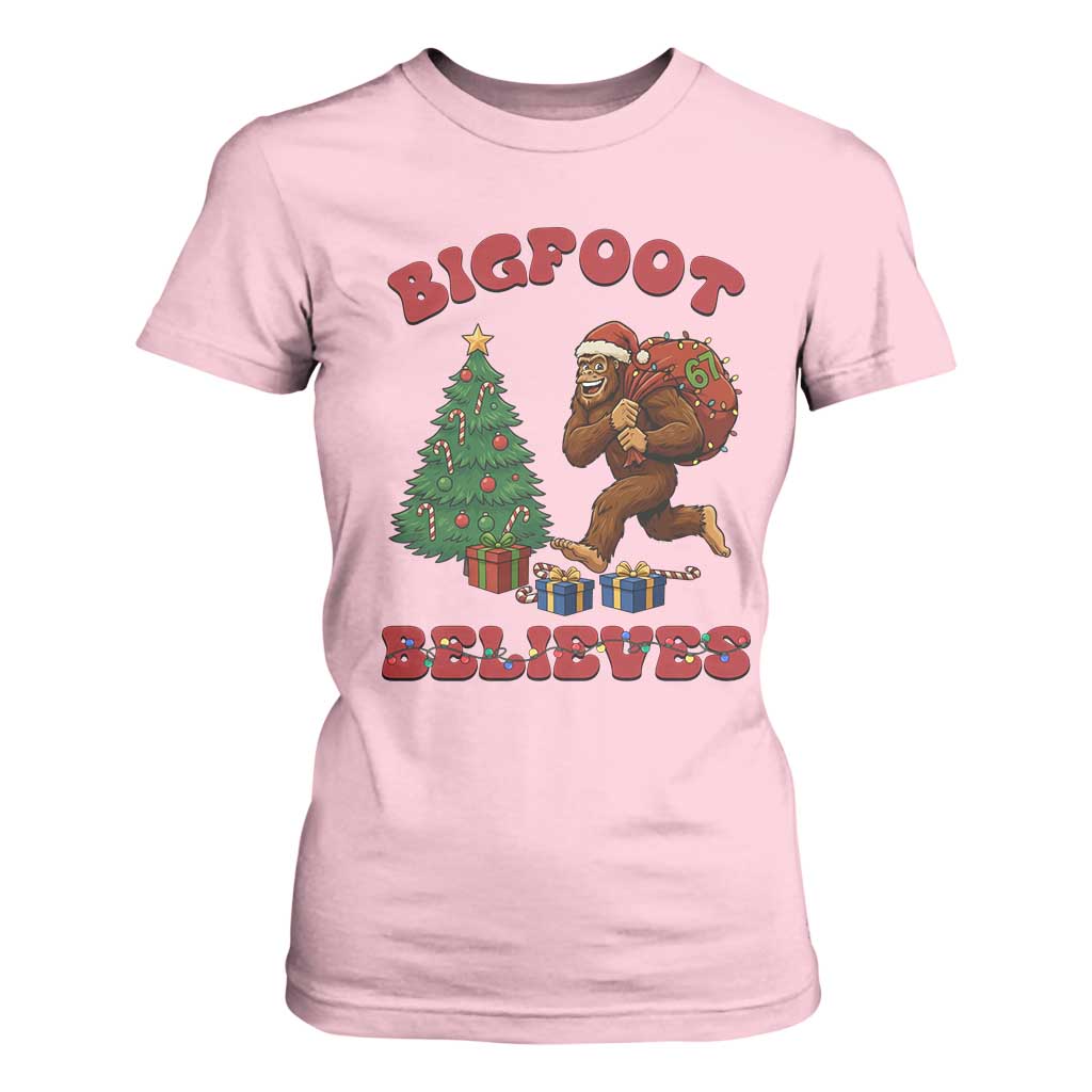 Funny Bigfoot Santa Believes Six Seven Meme T Shirt For Women Trendy Gen Z Xmas Gift TS12 Light Pink Print Your Wear