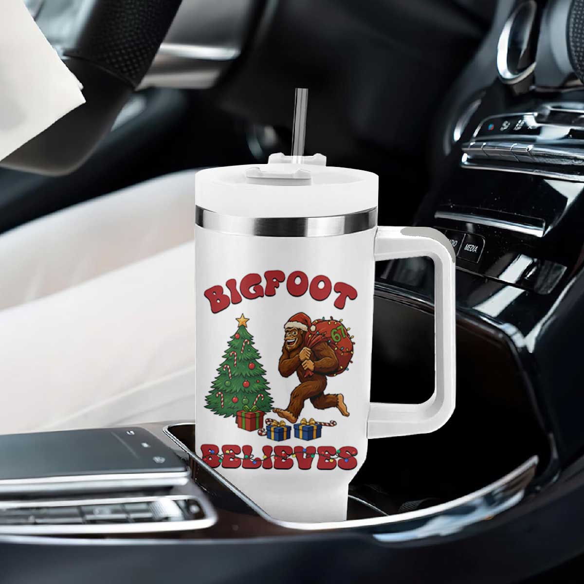 Funny Bigfoot Santa Believes Six Seven Meme Tumbler With Handle Trendy Gen Z Xmas Gift TS12 Print Your Wear