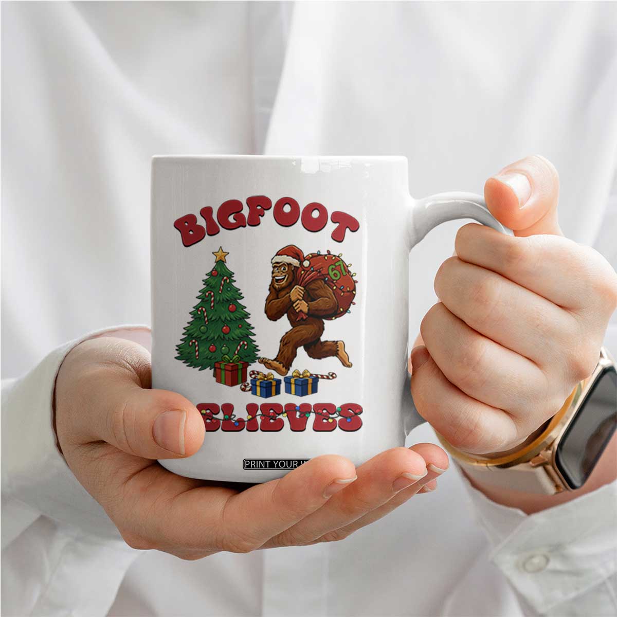 Funny Bigfoot Santa Believes Six Seven Meme Coffee Mug Trendy Gen Z Xmas Gift TS12 Print Your Wear