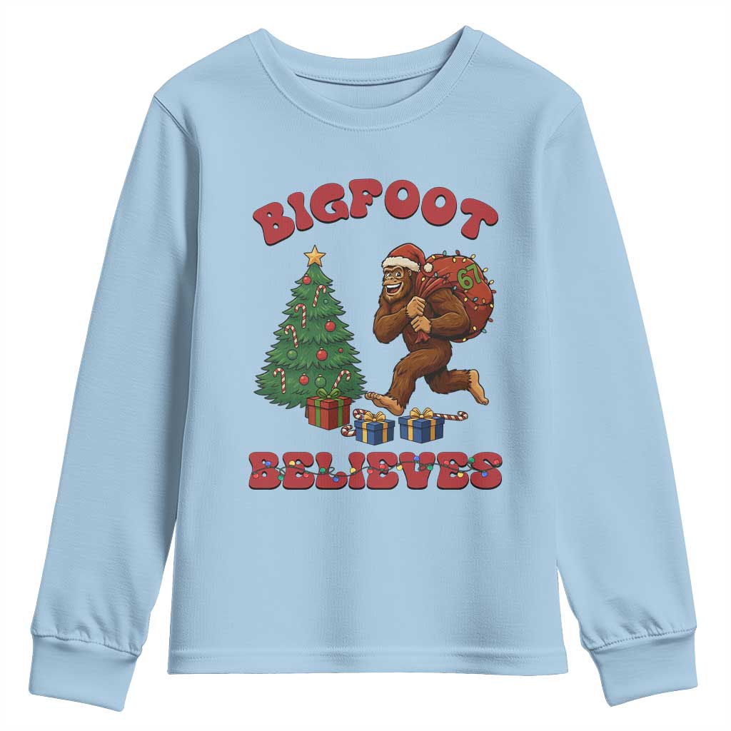 Funny Bigfoot Santa Believes Six Seven Meme Youth Sweatshirt Trendy Gen Z Xmas Gift TS12 Light Blue Print Your Wear