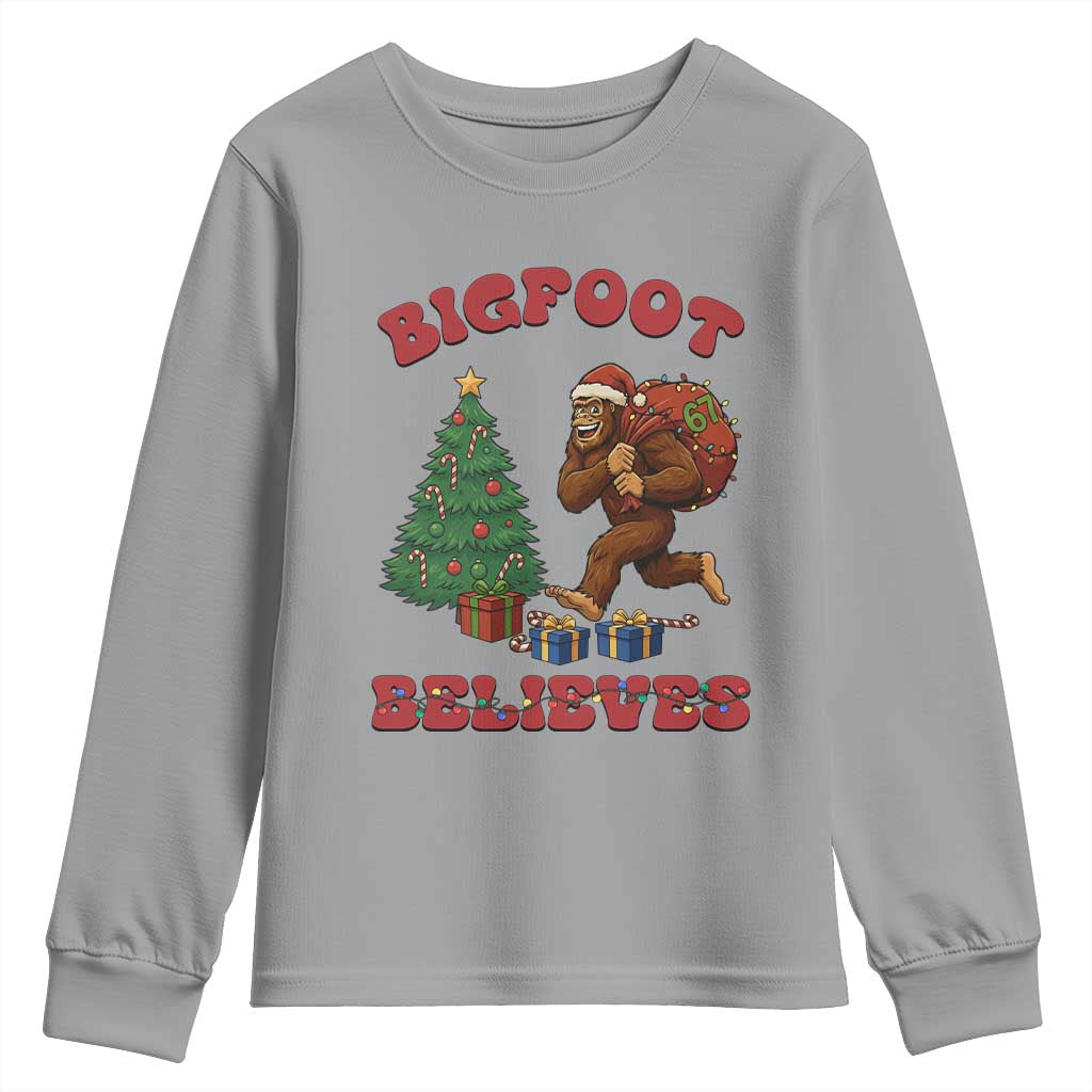 Funny Bigfoot Santa Believes Six Seven Meme Youth Sweatshirt Trendy Gen Z Xmas Gift TS12 Sport Gray Print Your Wear