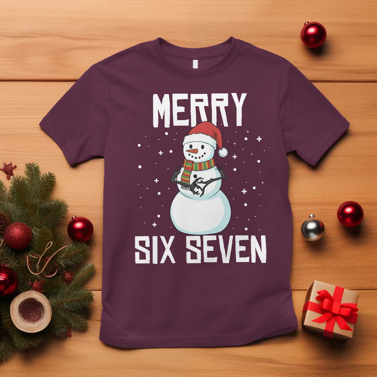 Funny Snowman Merry Six Seven Meme T Shirt Christmas Trending 67 Gift TS12 Maroon Print Your Wear