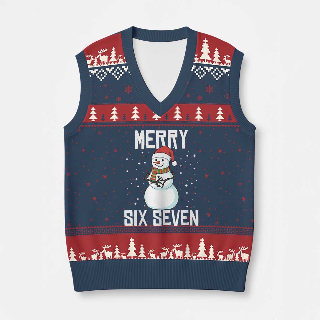Funny Snowman Merry Six Seven Meme V-Neck Knit Sweater Vest Xmas Trending 67 Gift TS12 Navy Red Print Your Wear