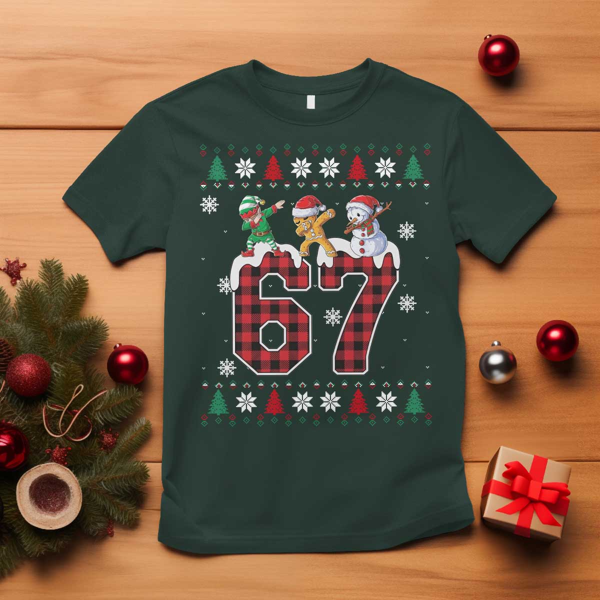 Funny Gen Z Alpha Ugly Xmas Gift T Shirt Gingerbread Snowman Elf Dabbing TS12 Dark Forest Green Print Your Wear