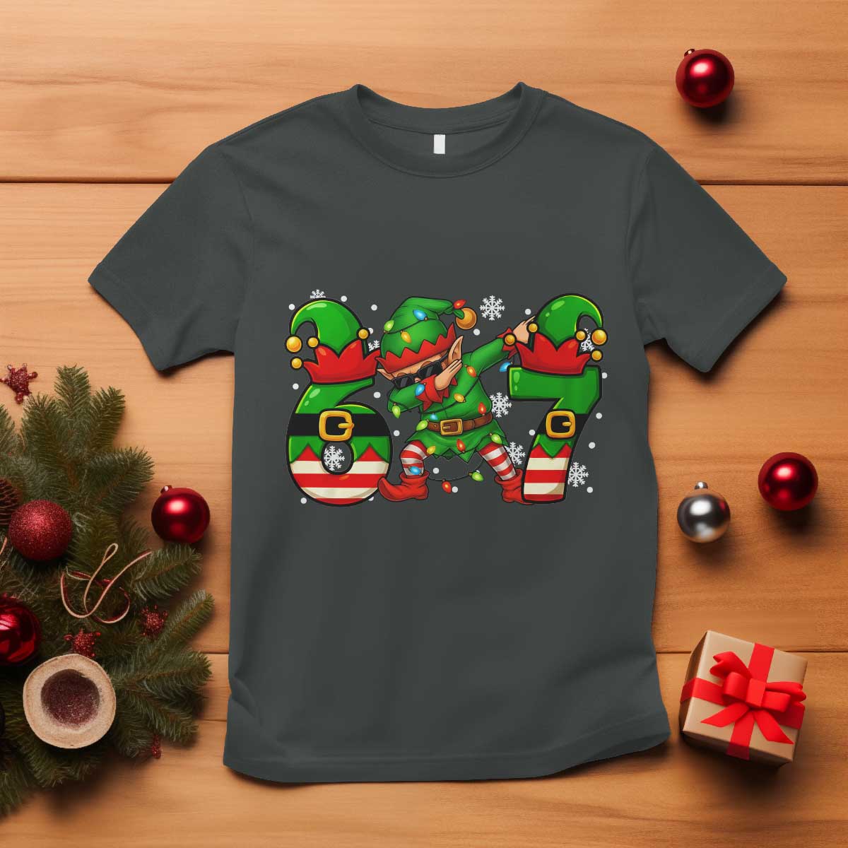 Funny Elf Dab Six Seven Meme T Shirt Christmas Trending 67 Gift TS12 Dark Heather Print Your Wear