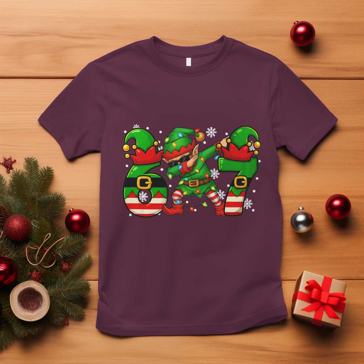Funny Elf Dab Six Seven Meme T Shirt Christmas Trending 67 Gift TS12 Maroon Print Your Wear