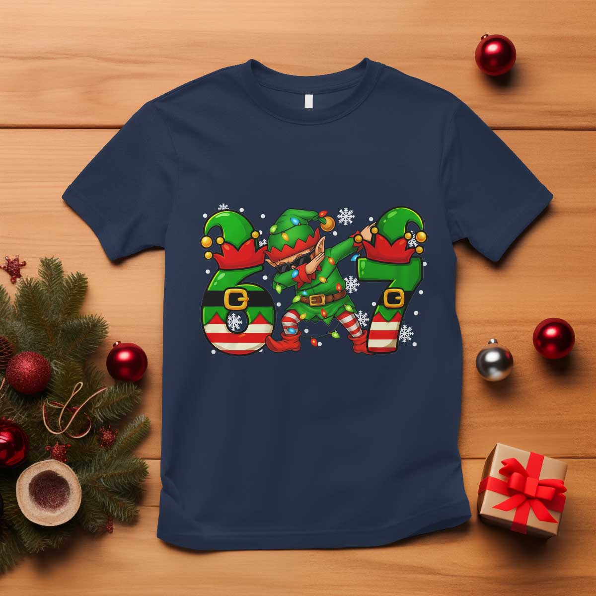 Funny Elf Dab Six Seven Meme T Shirt Christmas Trending 67 Gift TS12 Navy Print Your Wear