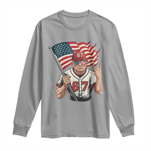 Funny Trump Patriotic 67 Meme Long Sleeve Shirt Six Seven Gen Alpha Slang Gift TS12 Sport Gray Print Your Wear