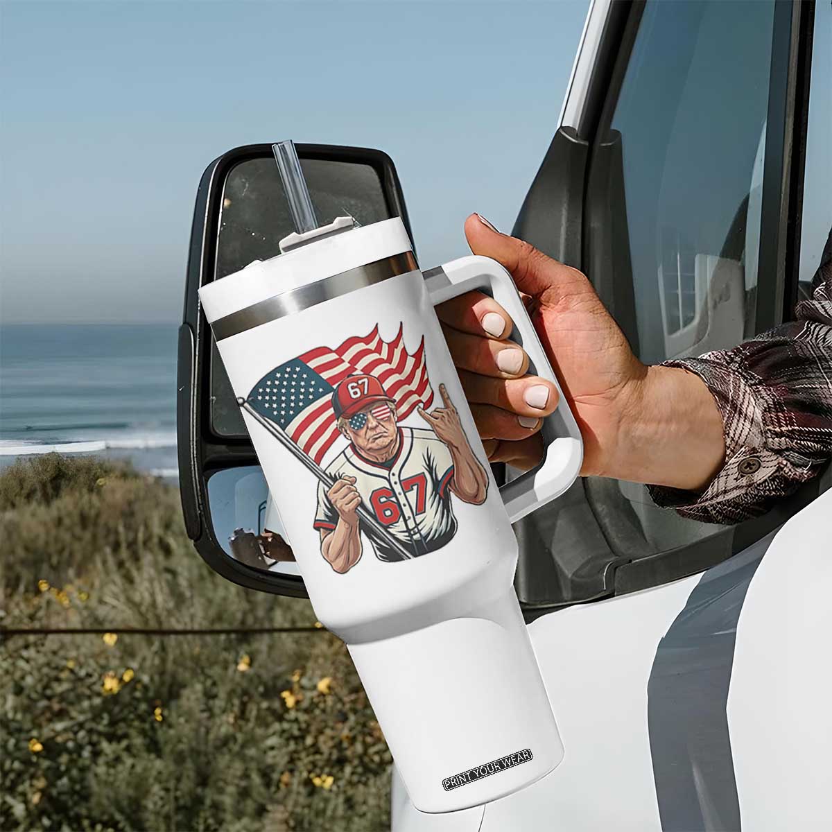 Funny Trump Patriotic 67 Meme Tumbler With Handle Six Seven Gen Alpha Slang Gift TS12 Print Your Wear