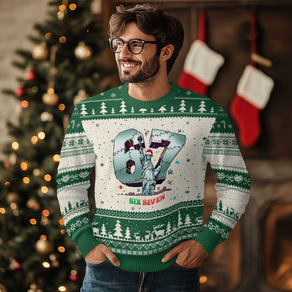 Statue Of Liberty Six Seven Meme Ugly Christmas Sweater Trendy Gen Z Xmas Gift TS12 Beige Green Print Your Wear
