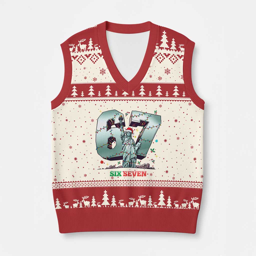Statue Of Liberty Six Seven Meme V-Neck Knit Sweater Vest Trendy Gen Z Xmas Gift TS12 Beige Red Print Your Wear