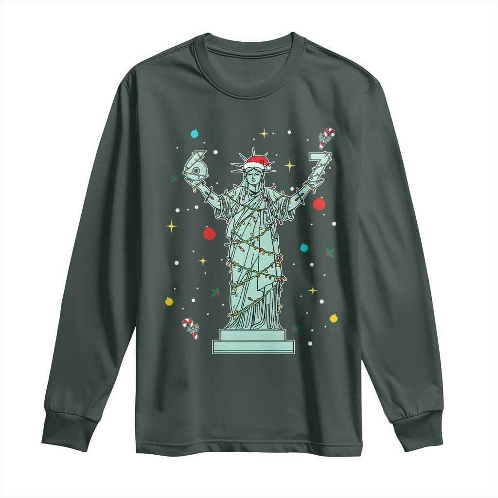 Doot Doot 67 Statue Of Liberty Long Sleeve Shirt Funny Gen Alpha 67 Trend Christmas Gift TS12 Dark Forest Green Print Your Wear