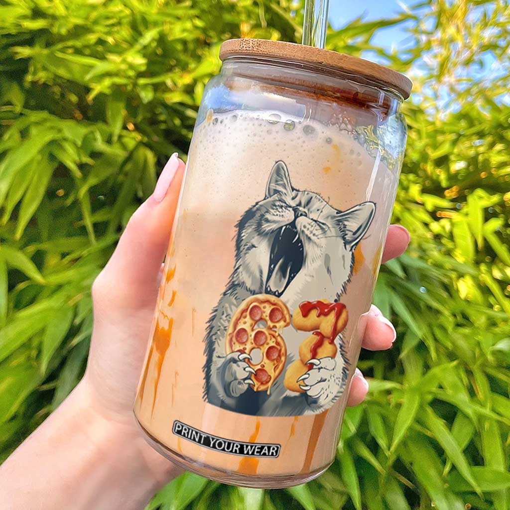 Six Seven Meme Cat 67 Pizza Nugget Glass Can Funny Gen Alpha 67 Trend Gift TS12 White Print Your Wear