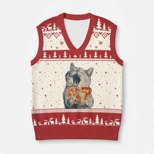 Six Seven Meme Cat 67 Pizza Nugget V-Neck Knit Sweater Vest Funny Gen Alpha 67 Trend Gift TS12 Beige Red Print Your Wear
