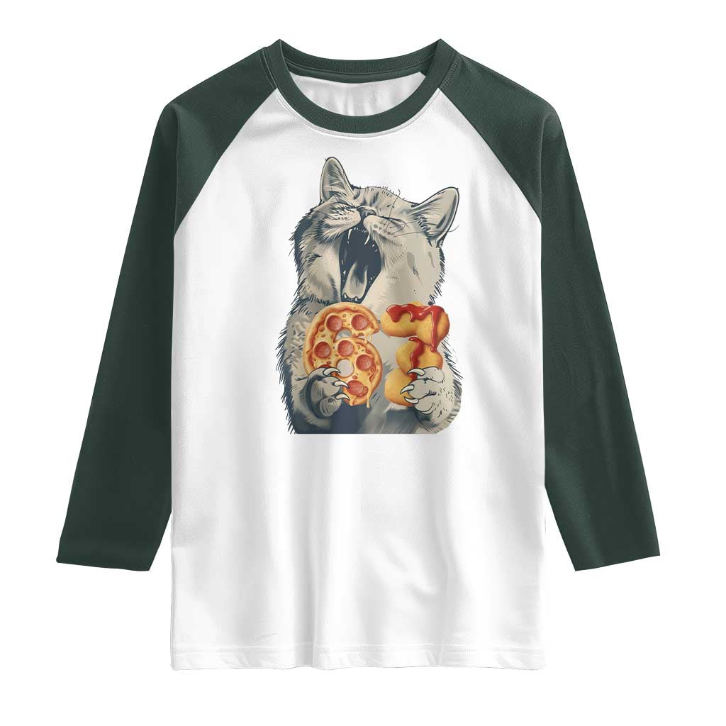 Six Seven Meme Cat 67 Pizza Nugget Raglan Shirt Funny Gen Alpha 67 Trend Gift TS12 White Dark Forest Green Print Your Wear