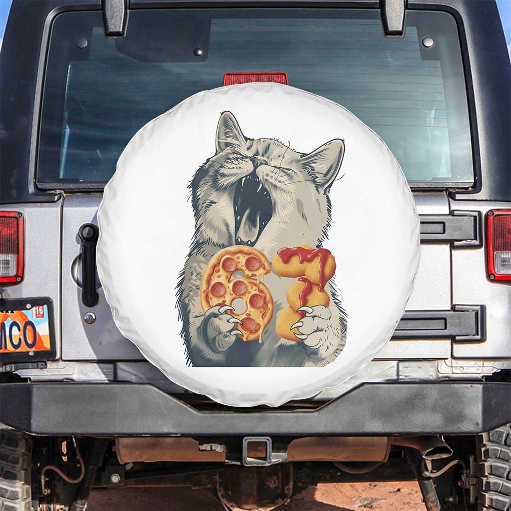 Six Seven Meme Cat 67 Pizza Nugget Spare Tire Cover Funny Gen Alpha 67 Trend Gift TS12 No hole White Print Your Wear