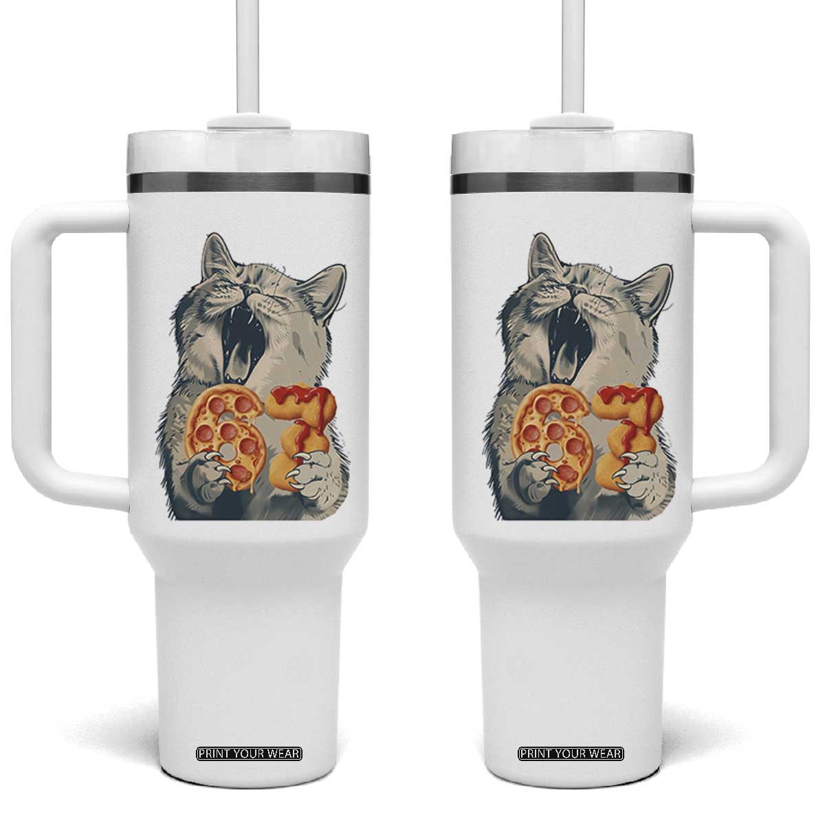 Six Seven Meme Cat 67 Pizza Nugget Tumbler With Handle Funny Gen Alpha 67 Trend Gift TS12 One Size: 40 oz White Print Your Wear