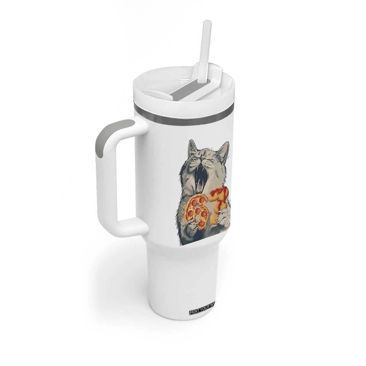 Six Seven Meme Cat 67 Pizza Nugget Tumbler With Handle Funny Gen Alpha 67 Trend Gift TS12 Print Your Wear