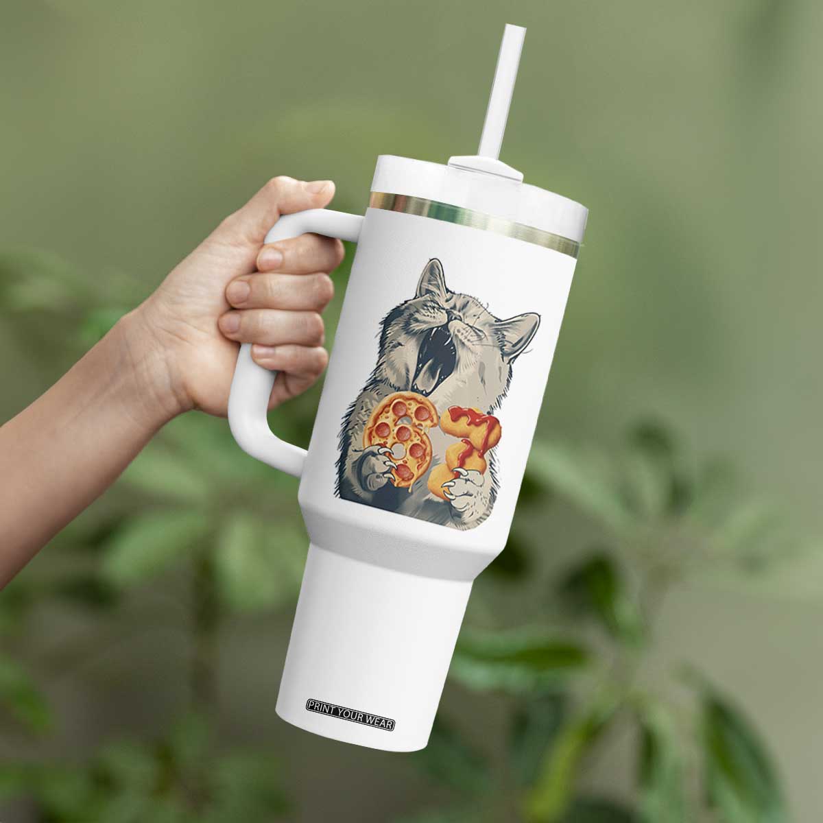 Six Seven Meme Cat 67 Pizza Nugget Tumbler With Handle Funny Gen Alpha 67 Trend Gift TS12 Print Your Wear