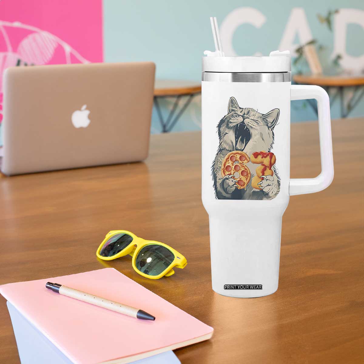 Six Seven Meme Cat 67 Pizza Nugget Tumbler With Handle Funny Gen Alpha 67 Trend Gift TS12 Print Your Wear