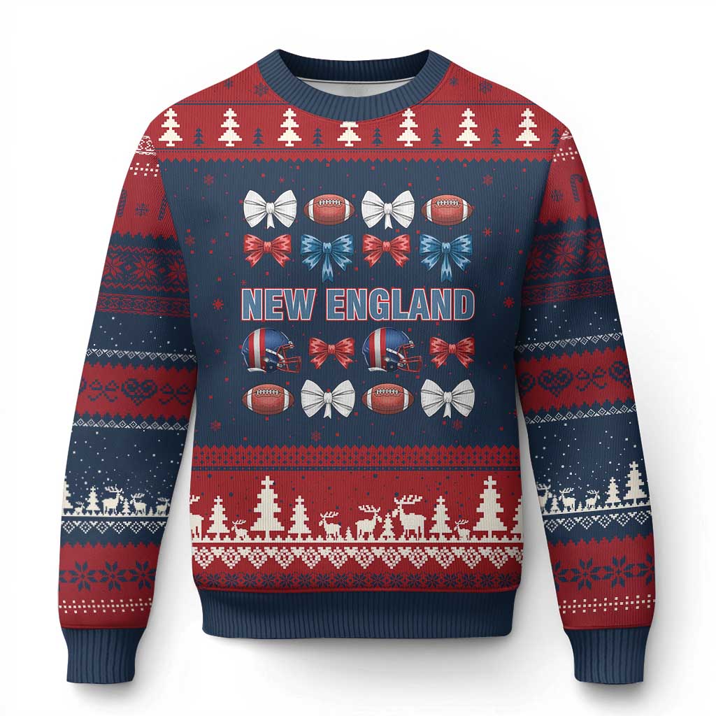 Coquette NE Football Fan Ugly Christmas Sweater Gift For Women TS12 Navy Red Print Your Wear