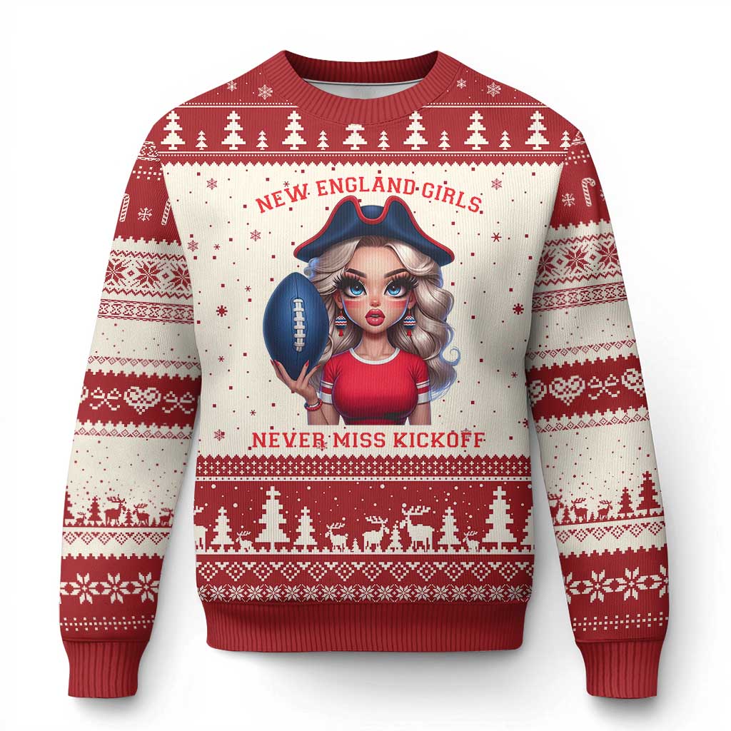Funny East Coast Football Girl Fan Ugly Christmas Sweater NE Girls Never Miss Kickoff TS12 Beige Red Print Your Wear